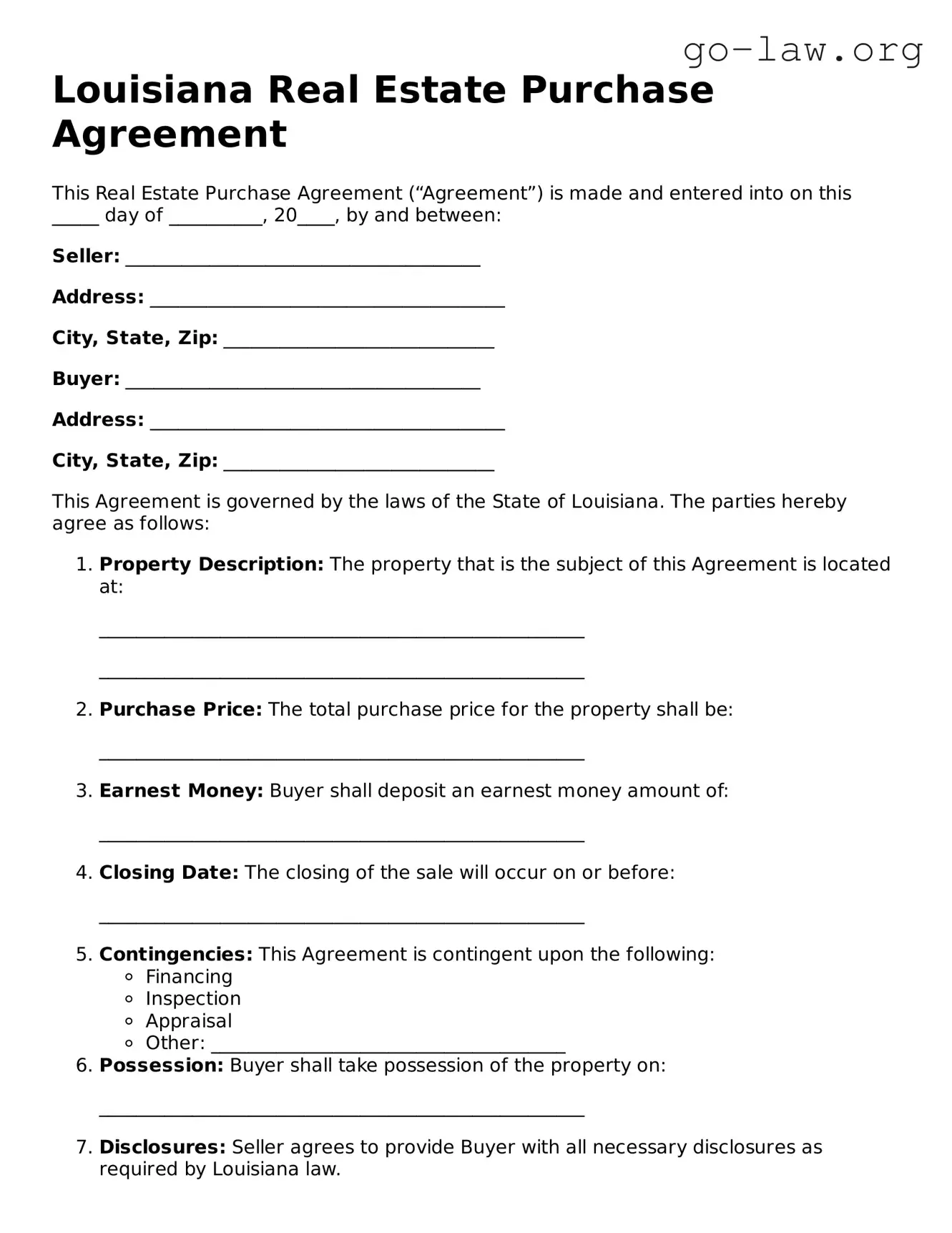 Fillable Louisiana Real Estate Purchase Agreement Form