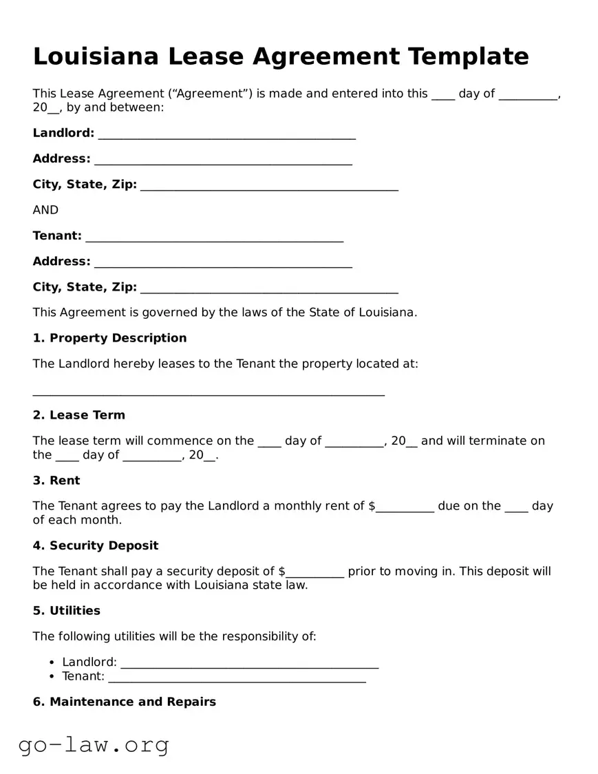 Fillable Louisiana Lease Agreement Form