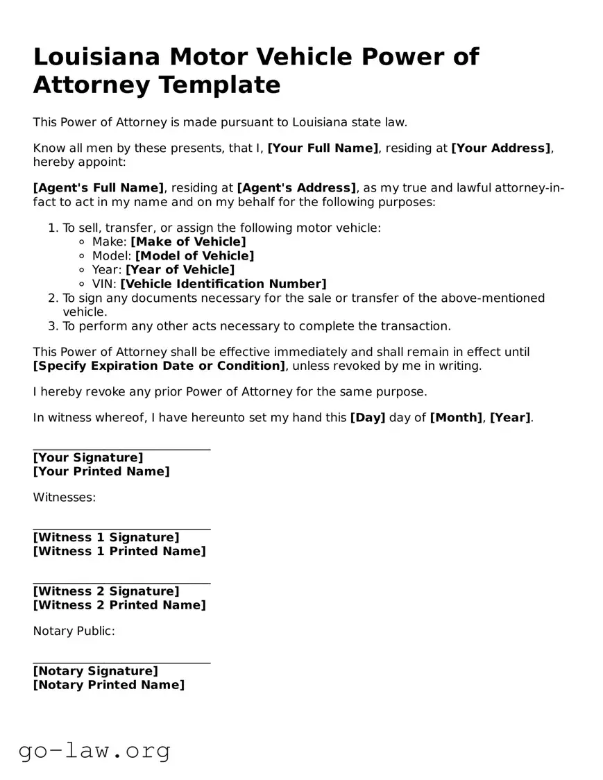 Fillable Louisiana Motor Vehicle Power of Attorney Form
