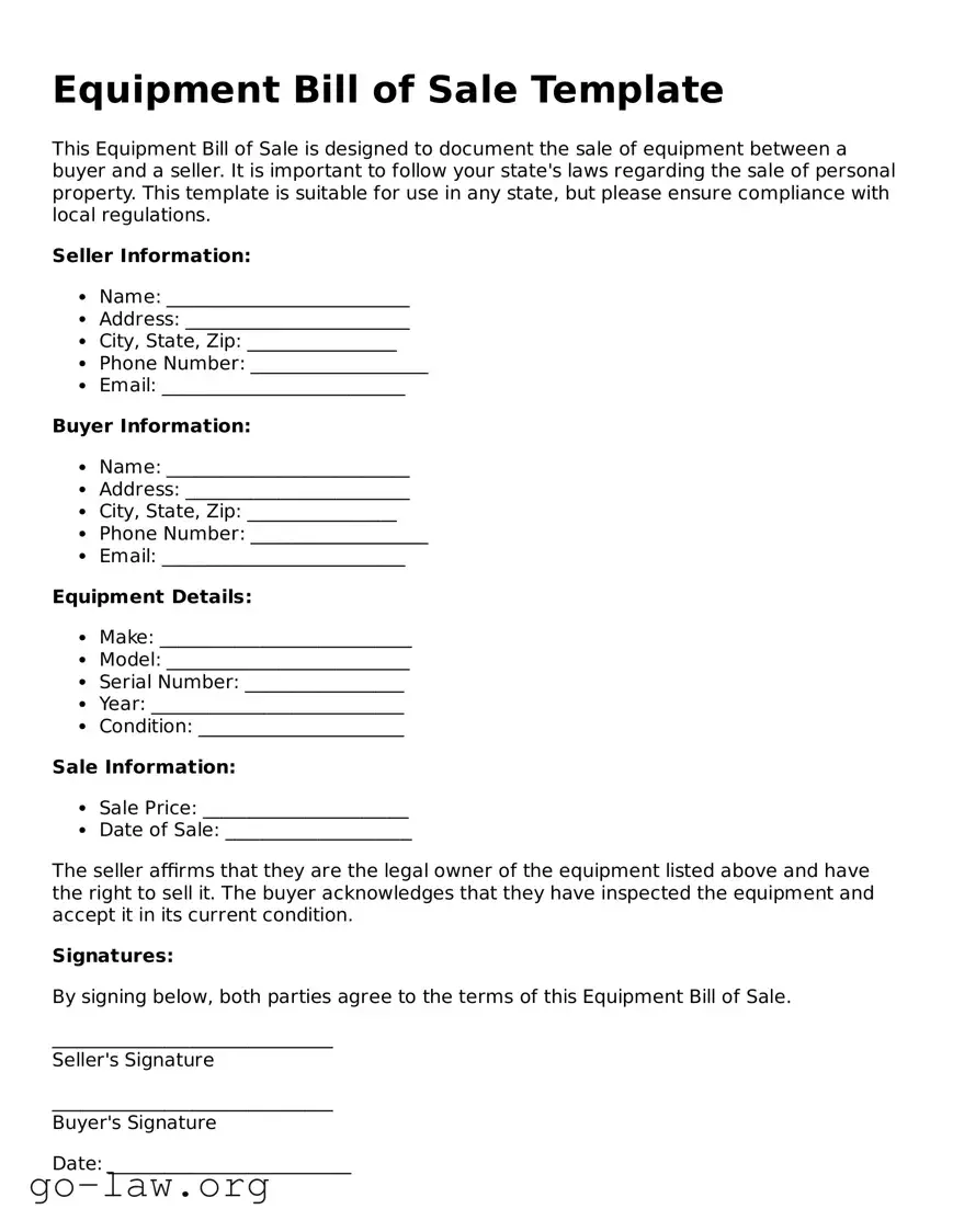 Blank Equipment Bill of Sale Template