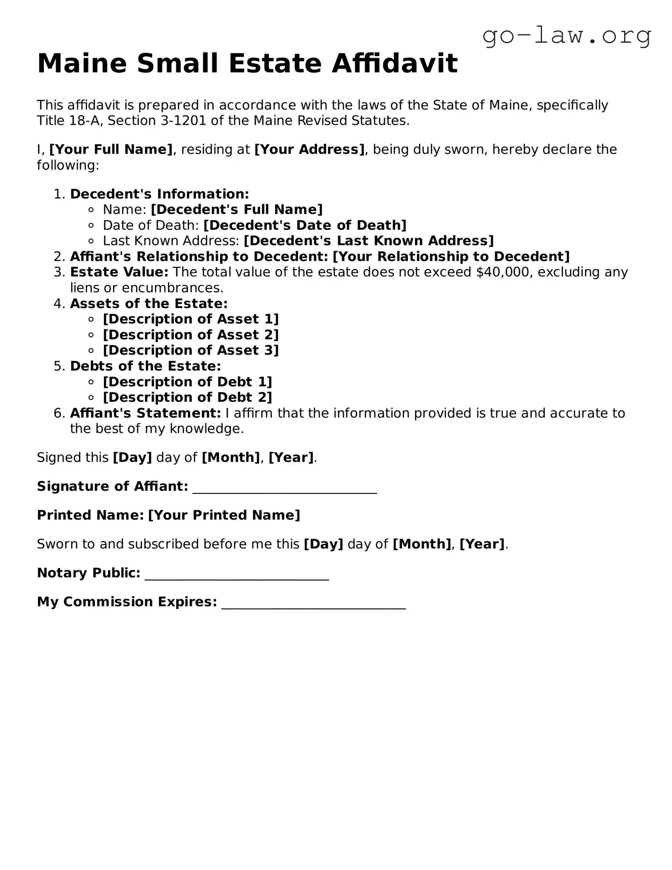 Fillable Maine Small Estate Affidavit Form