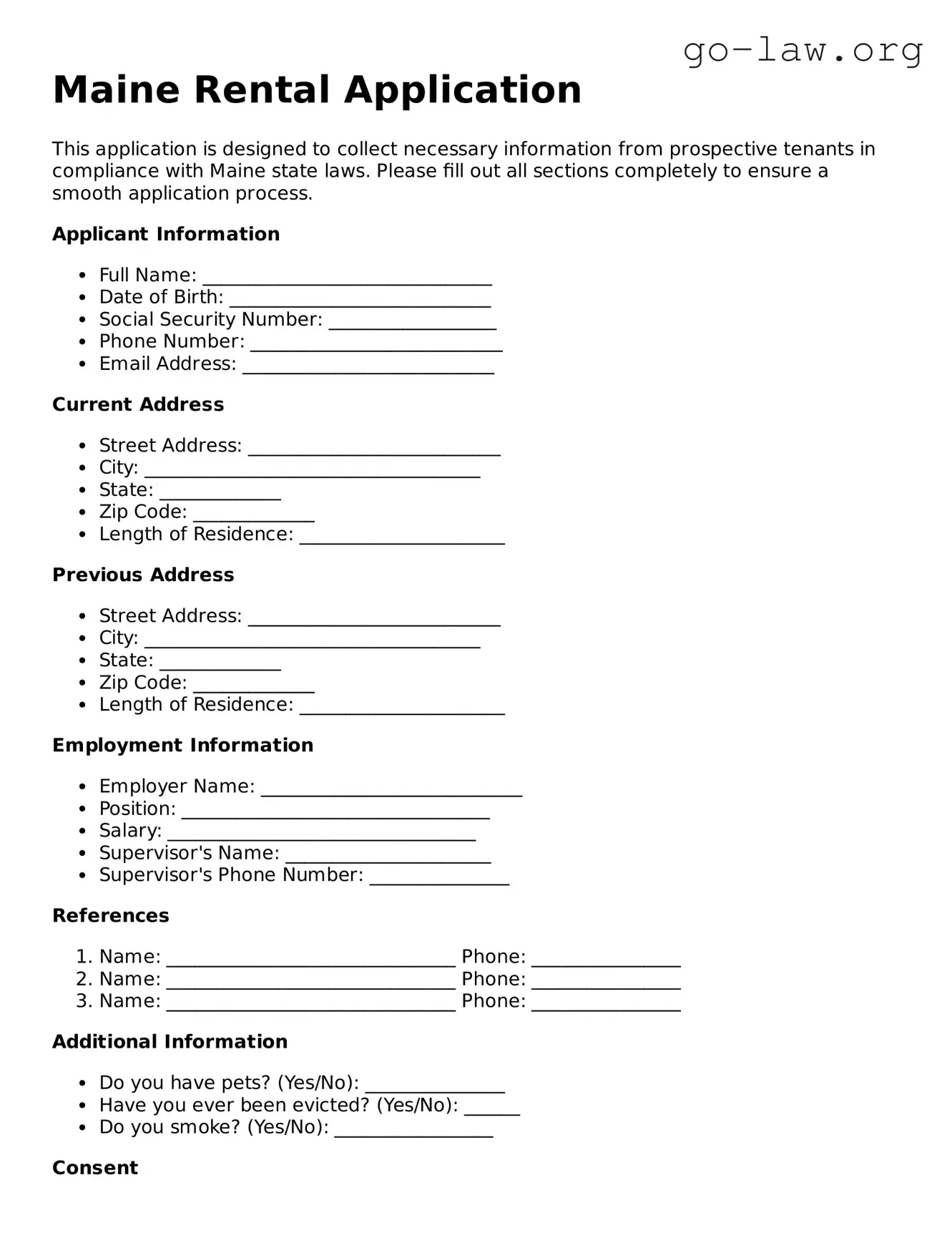 Fillable Maine Rental Application Form