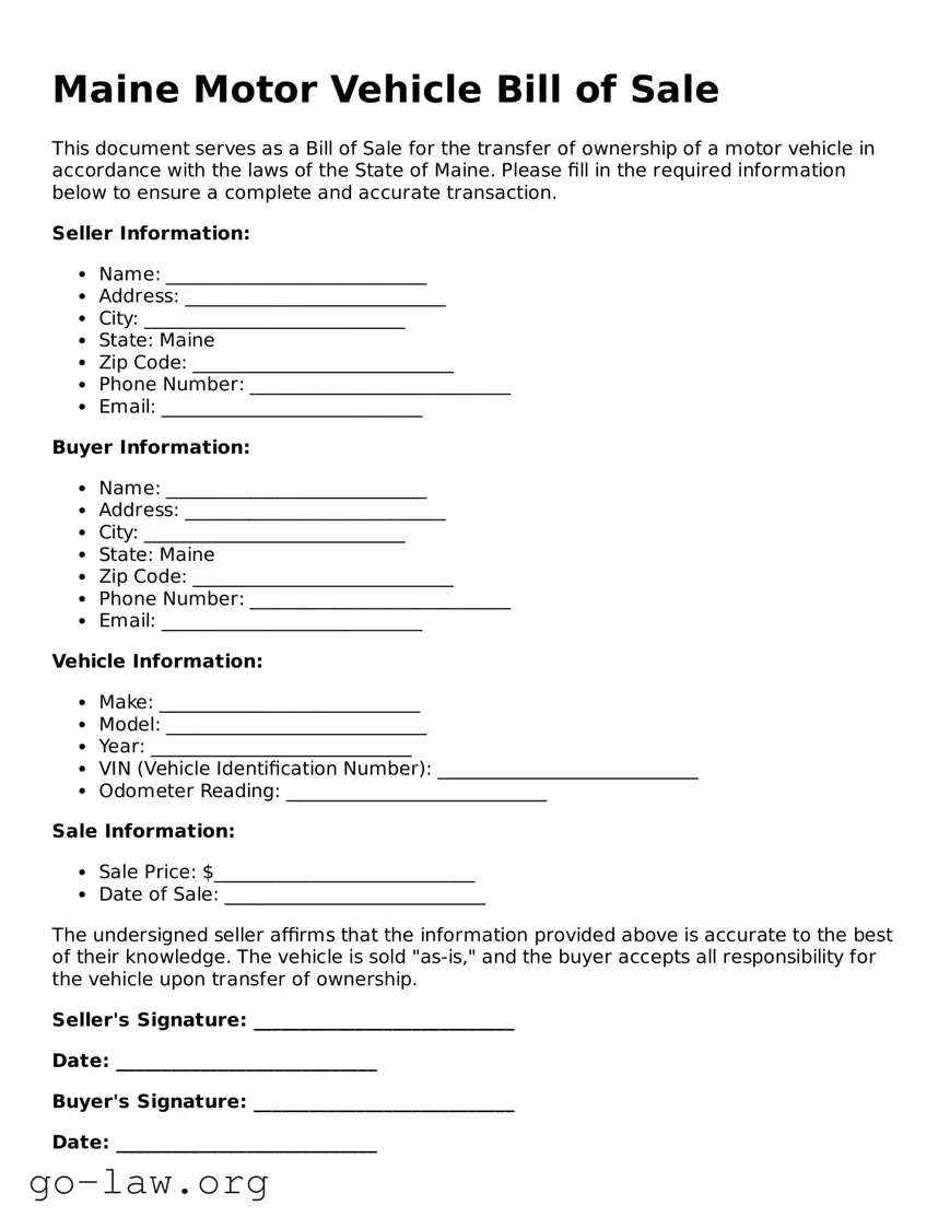 Fillable Maine Motor Vehicle Bill of Sale Form