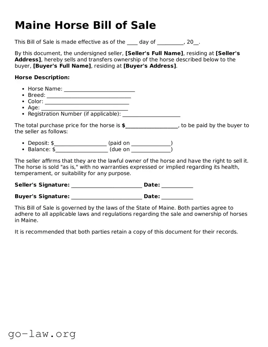 Fillable Maine Horse Bill of Sale Form