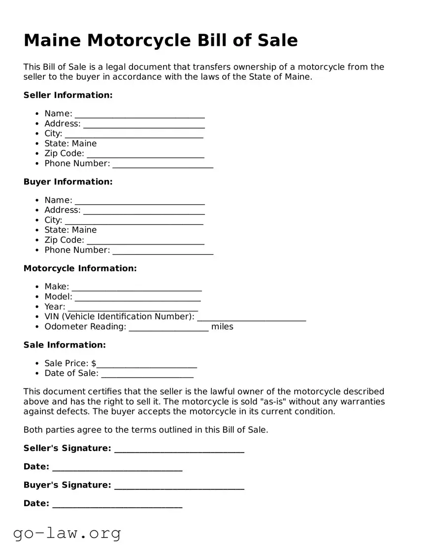 Fillable Maine Motorcycle Bill of Sale Form