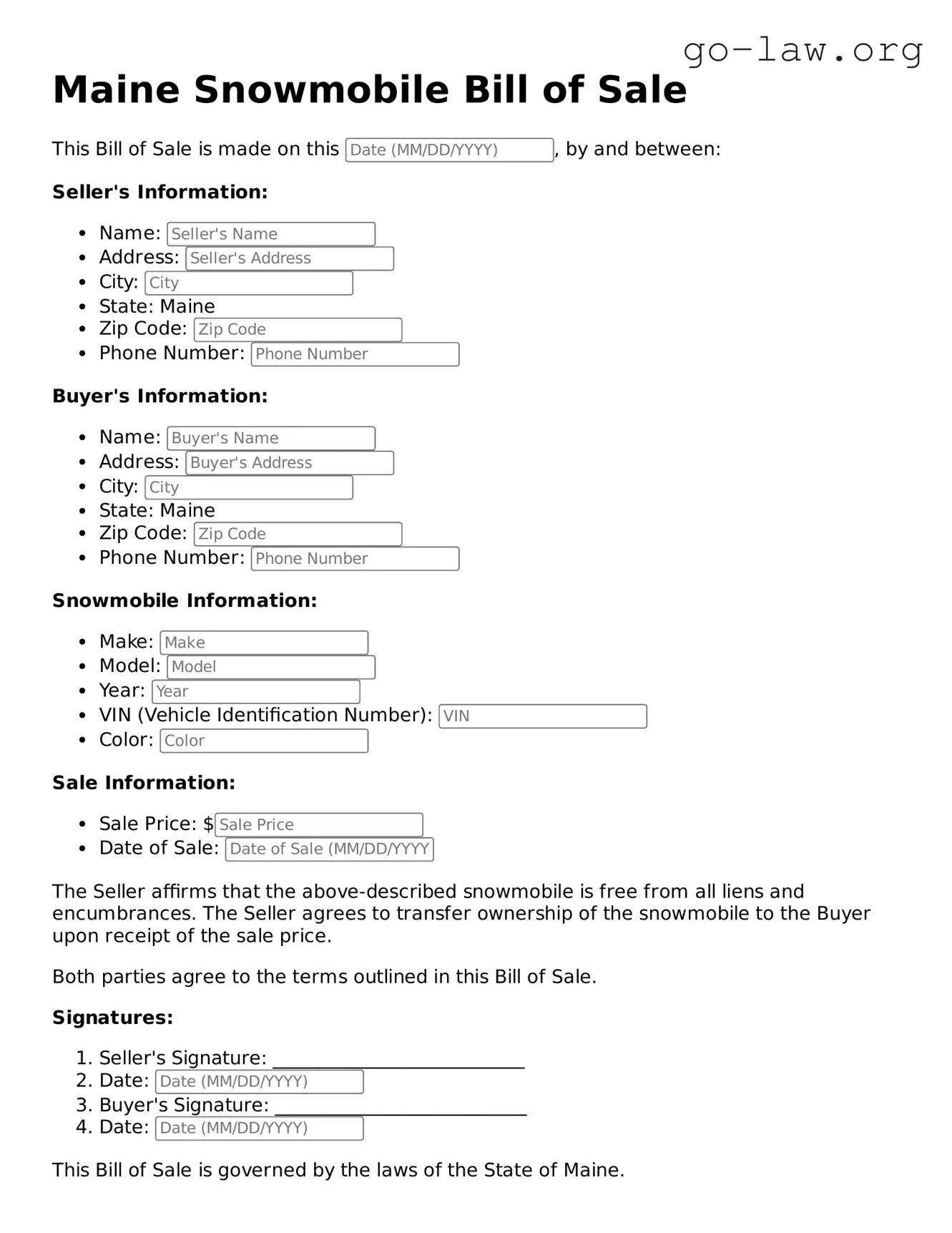 Fillable Maine Snowmobile Bill of Sale Form
