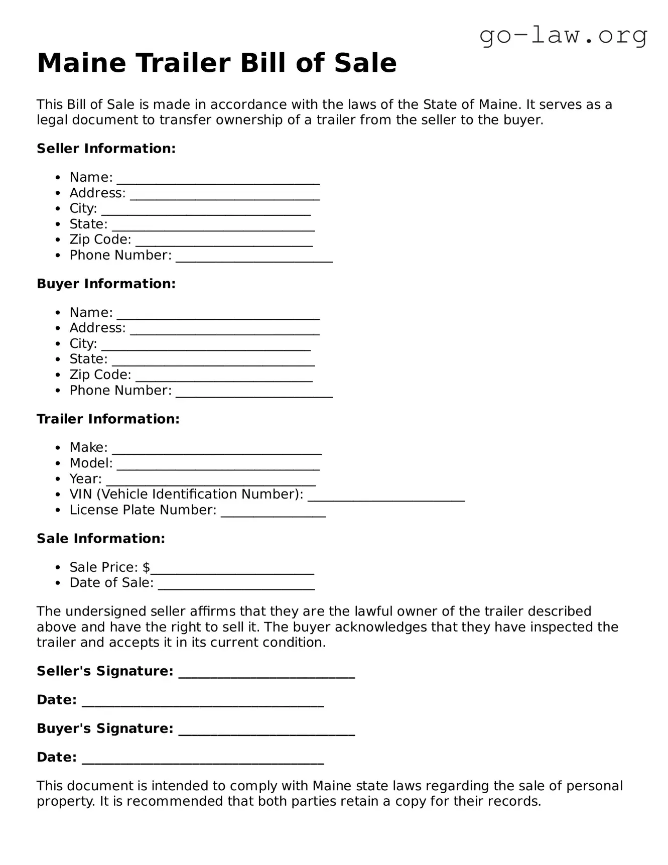 Fillable Maine Trailer Bill of Sale Form