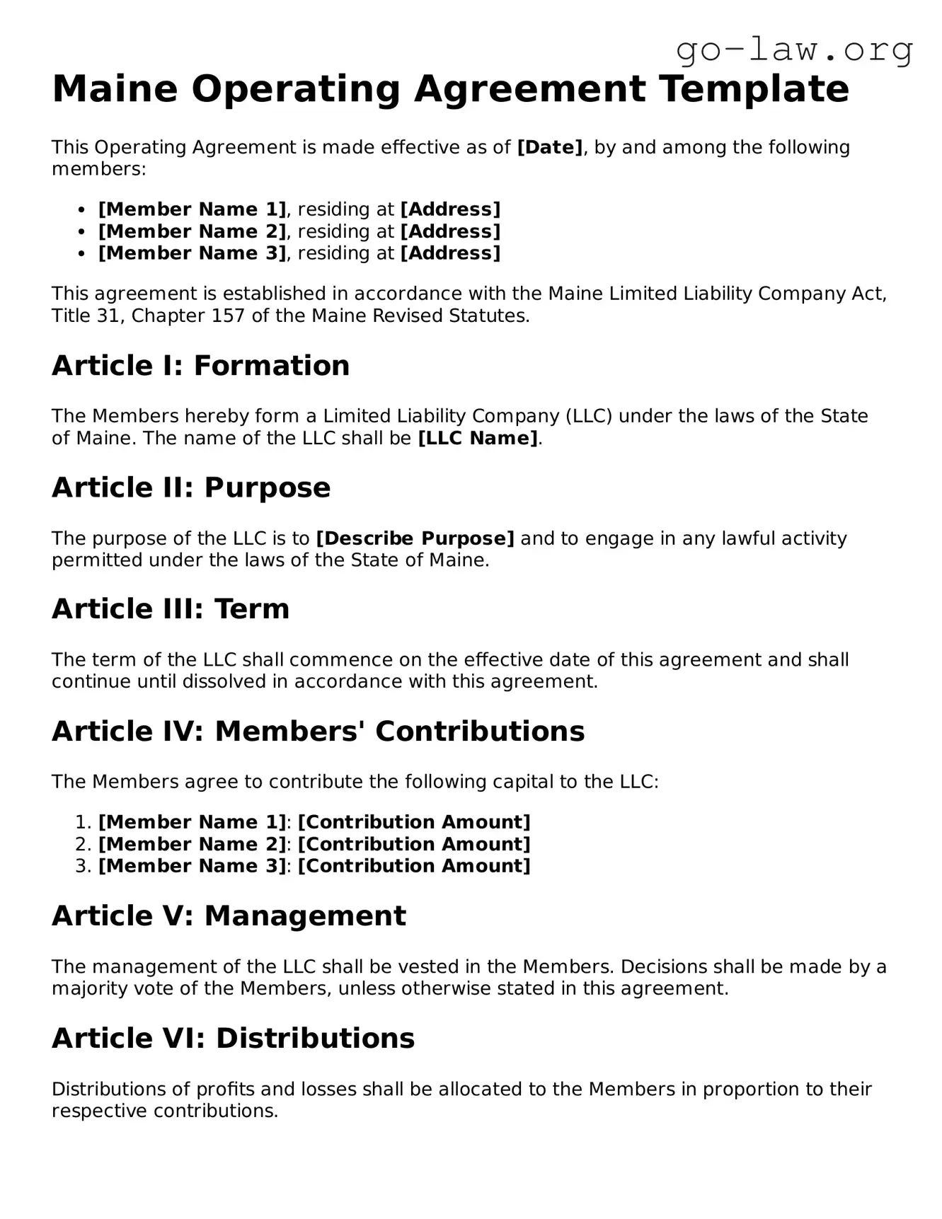 Fillable Maine Operating Agreement Form