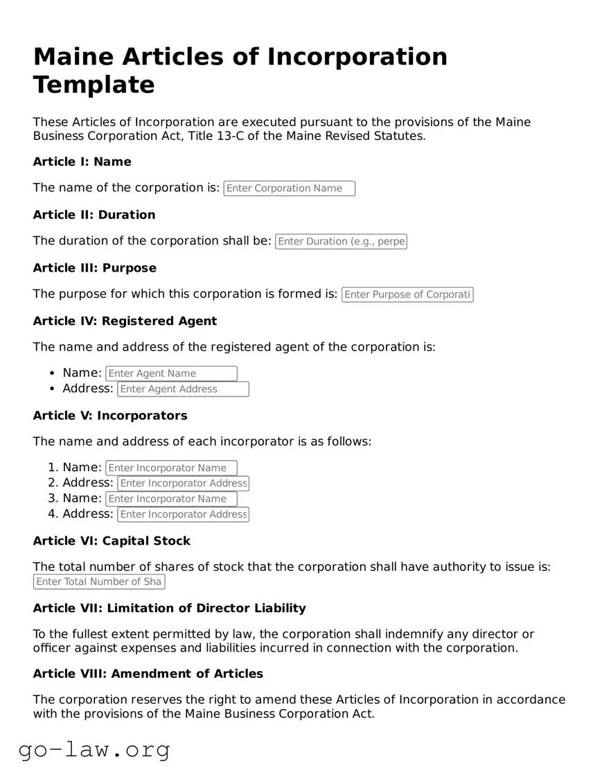 Fillable Maine Articles of Incorporation Form