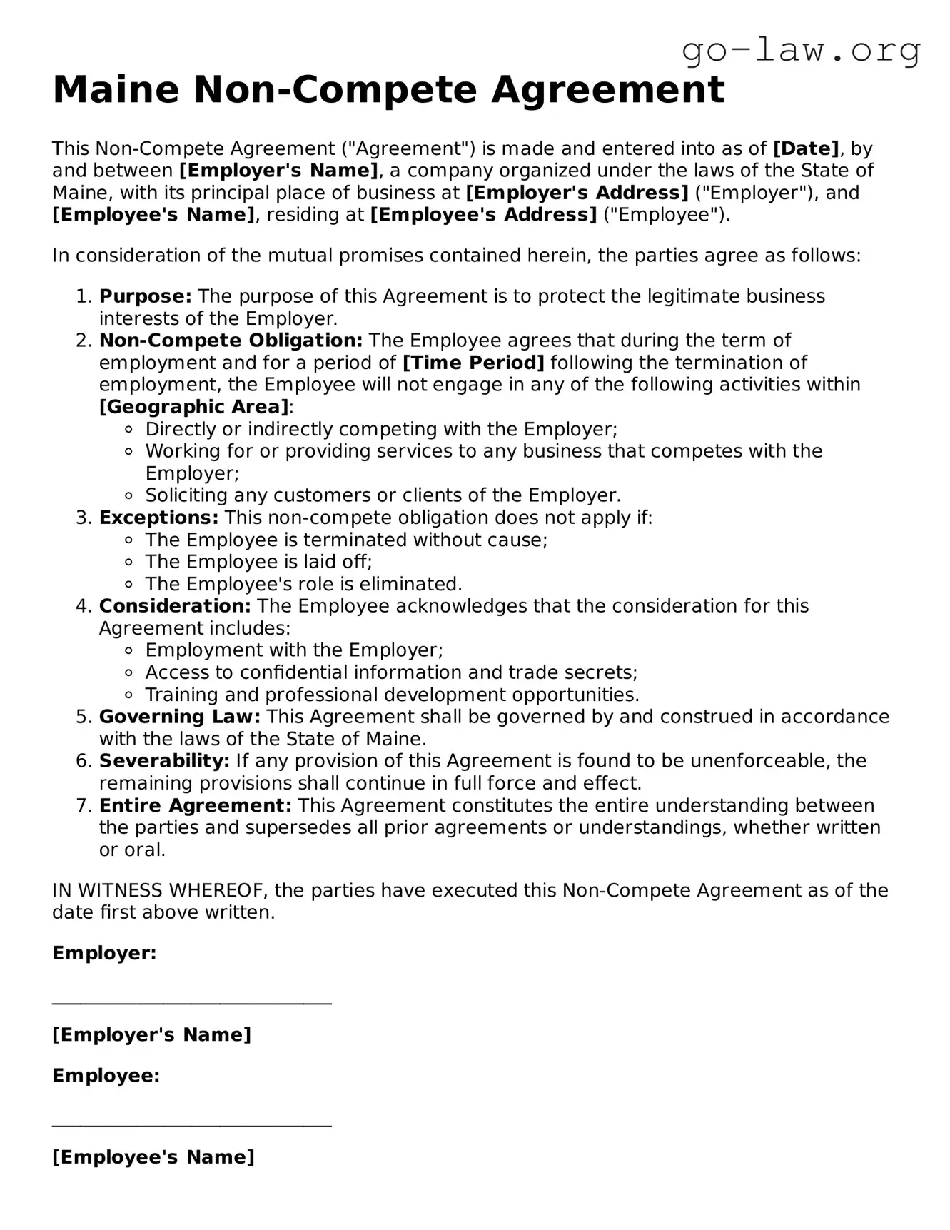 Fillable Maine Non-compete Agreement Form