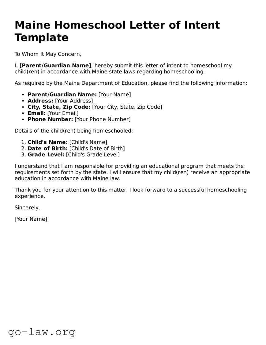 Fillable Maine Homeschool Letter of Intent Form