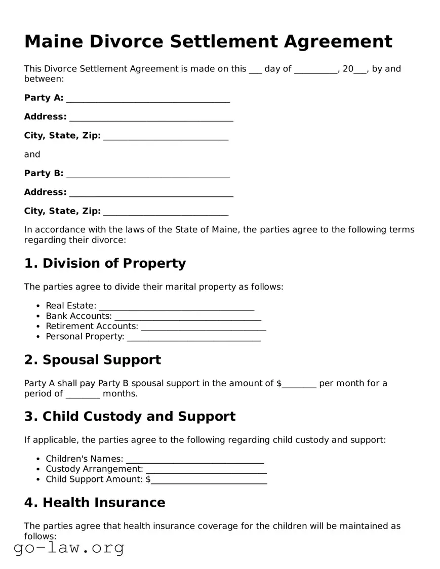 Fillable Maine Divorce Settlement Agreement Form