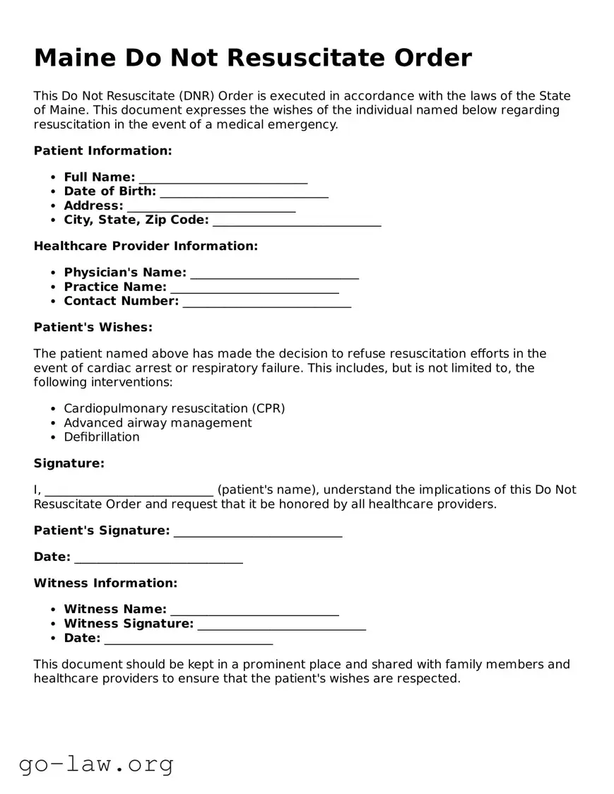 Fillable Maine Do Not Resuscitate Order Form