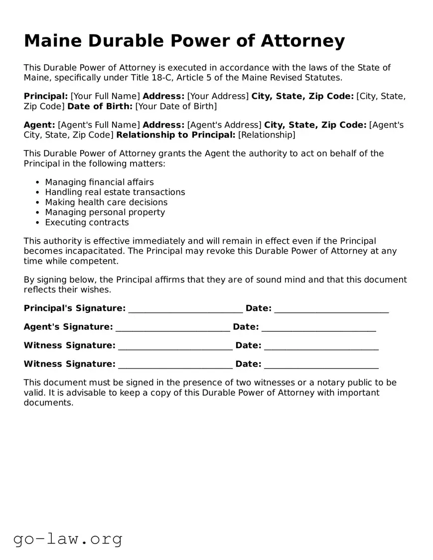 Fillable Maine Durable Power of Attorney Form