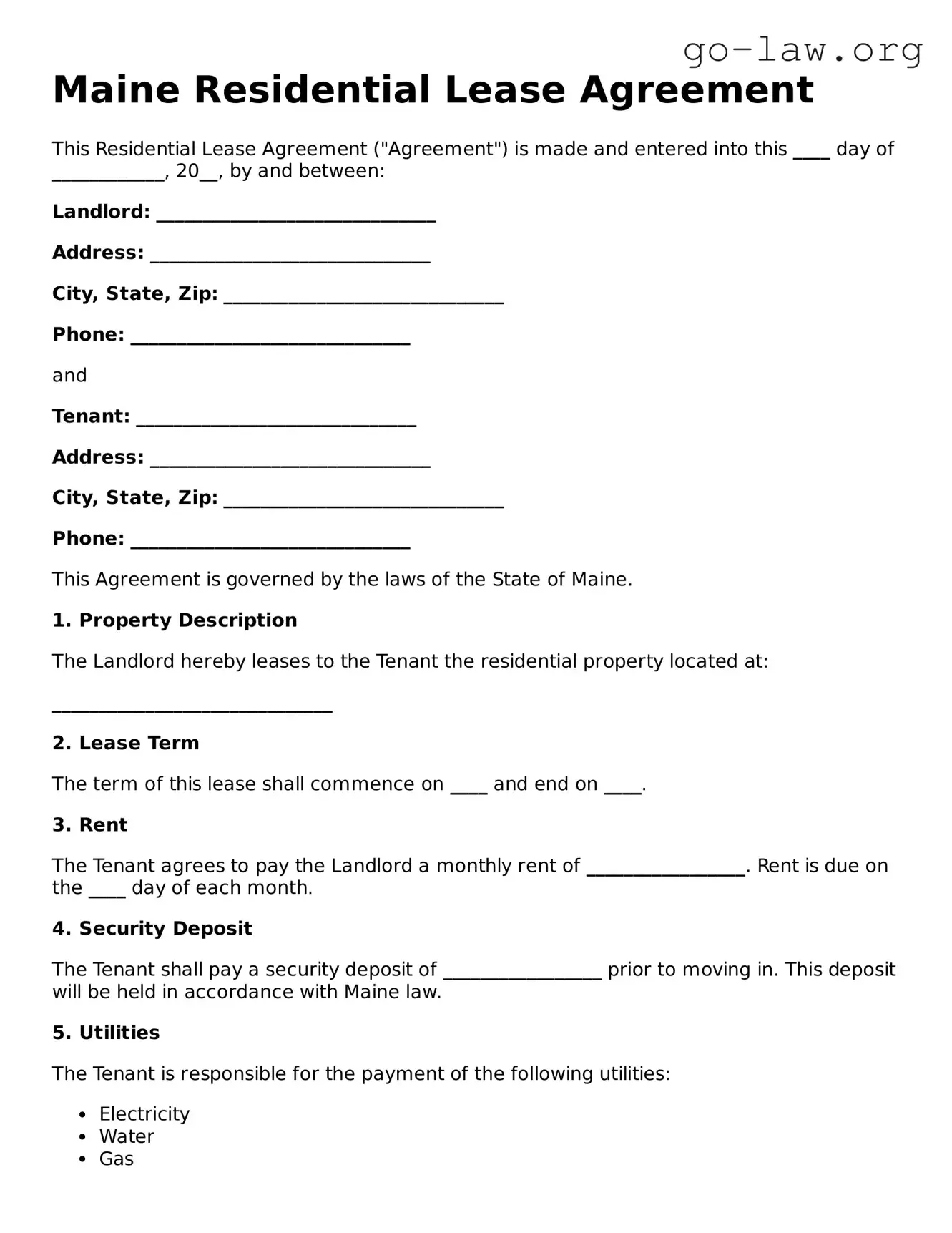 Fillable Maine Residential Lease Agreement Form