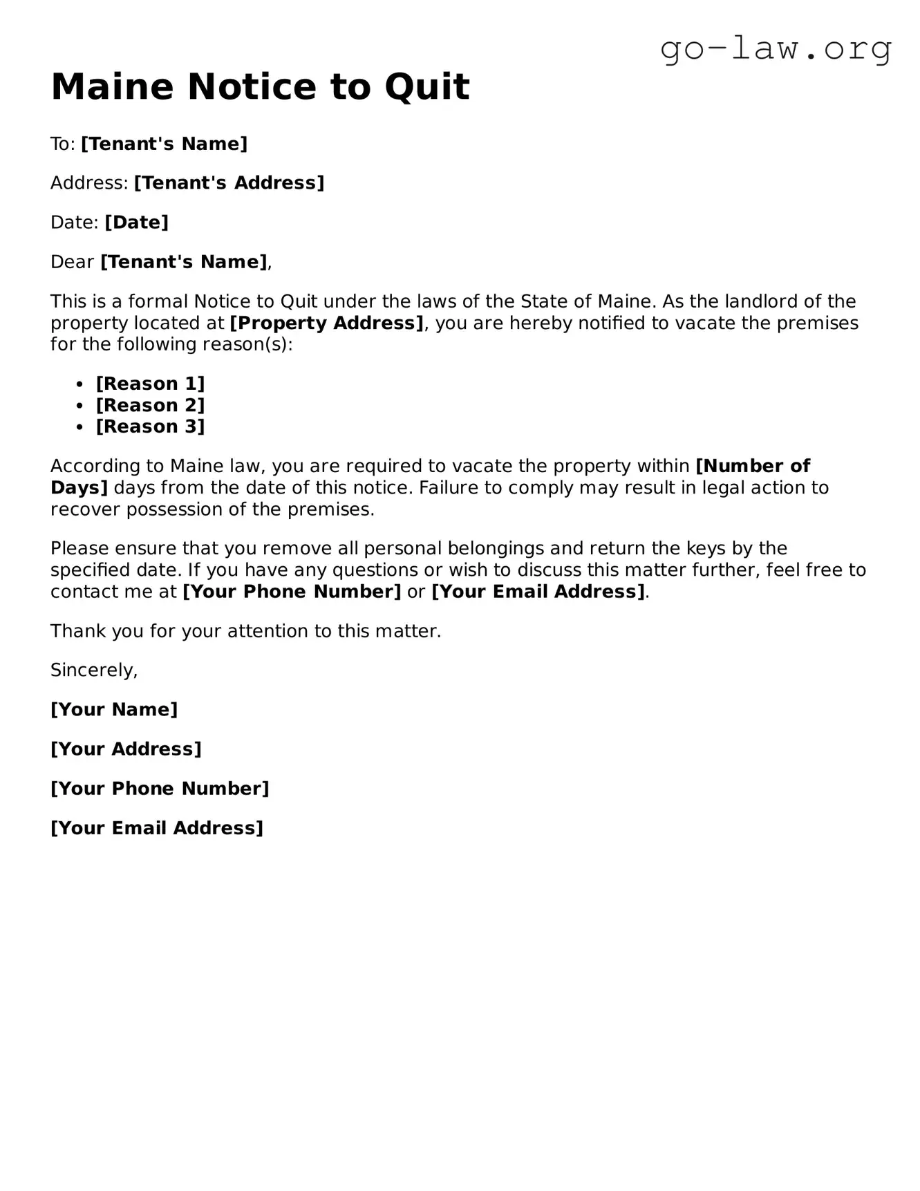 Fillable Maine Notice to Quit Form