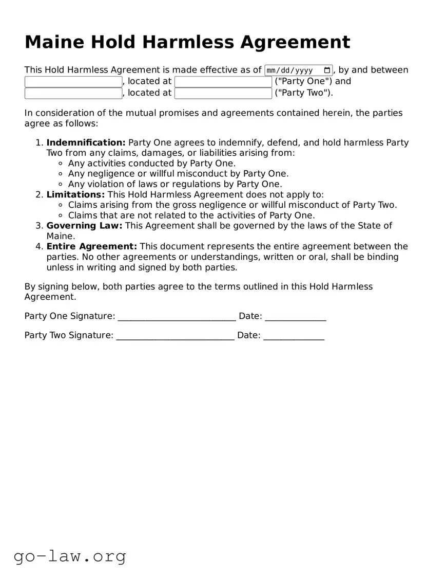 Fillable Maine Hold Harmless Agreement Form