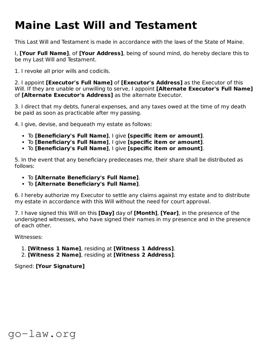 Fillable Maine Last Will and Testament Form
