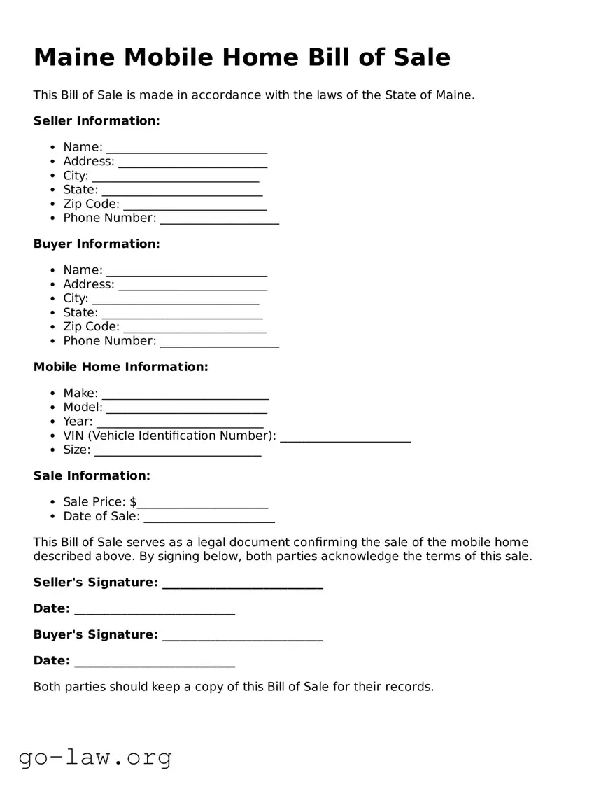Fillable Maine Mobile Home Bill of Sale Form