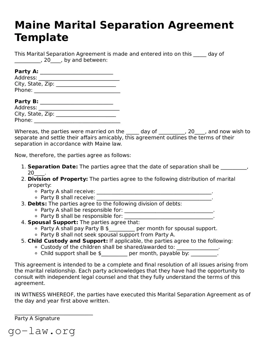 Fillable Maine Marital Separation Agreement Form