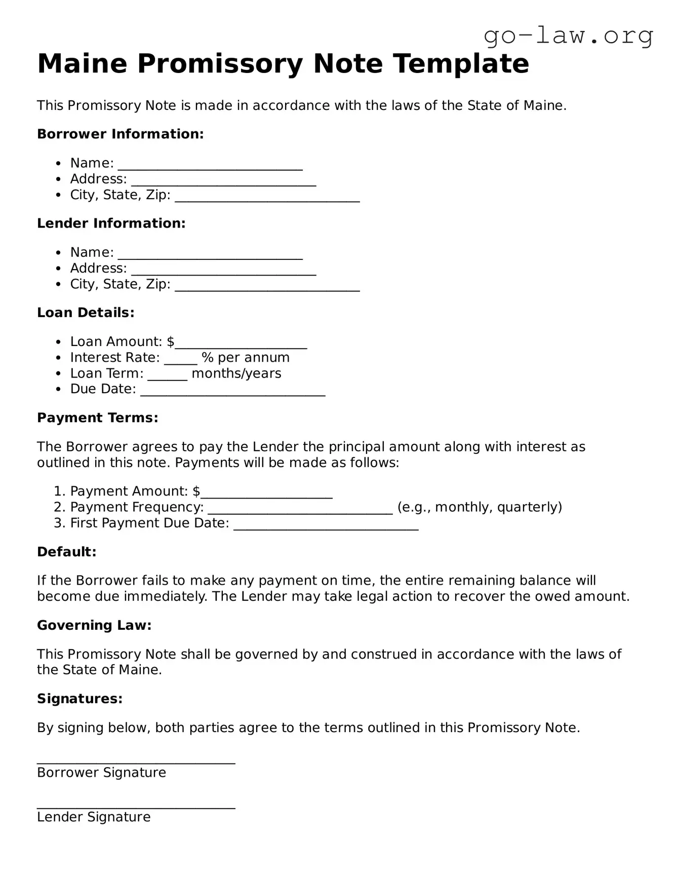 Fillable Maine Promissory Note Form
