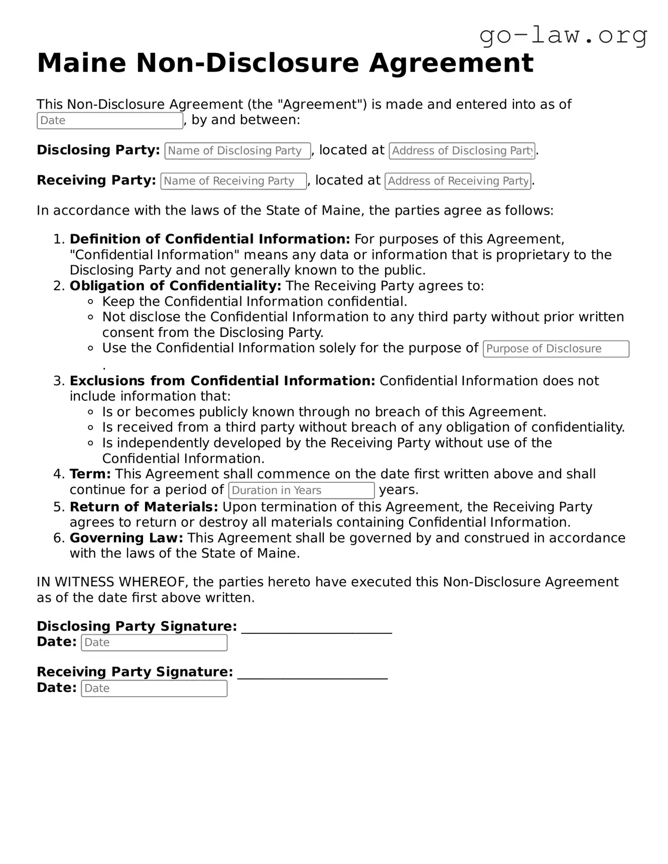 Fillable Maine Non-disclosure Agreement Form