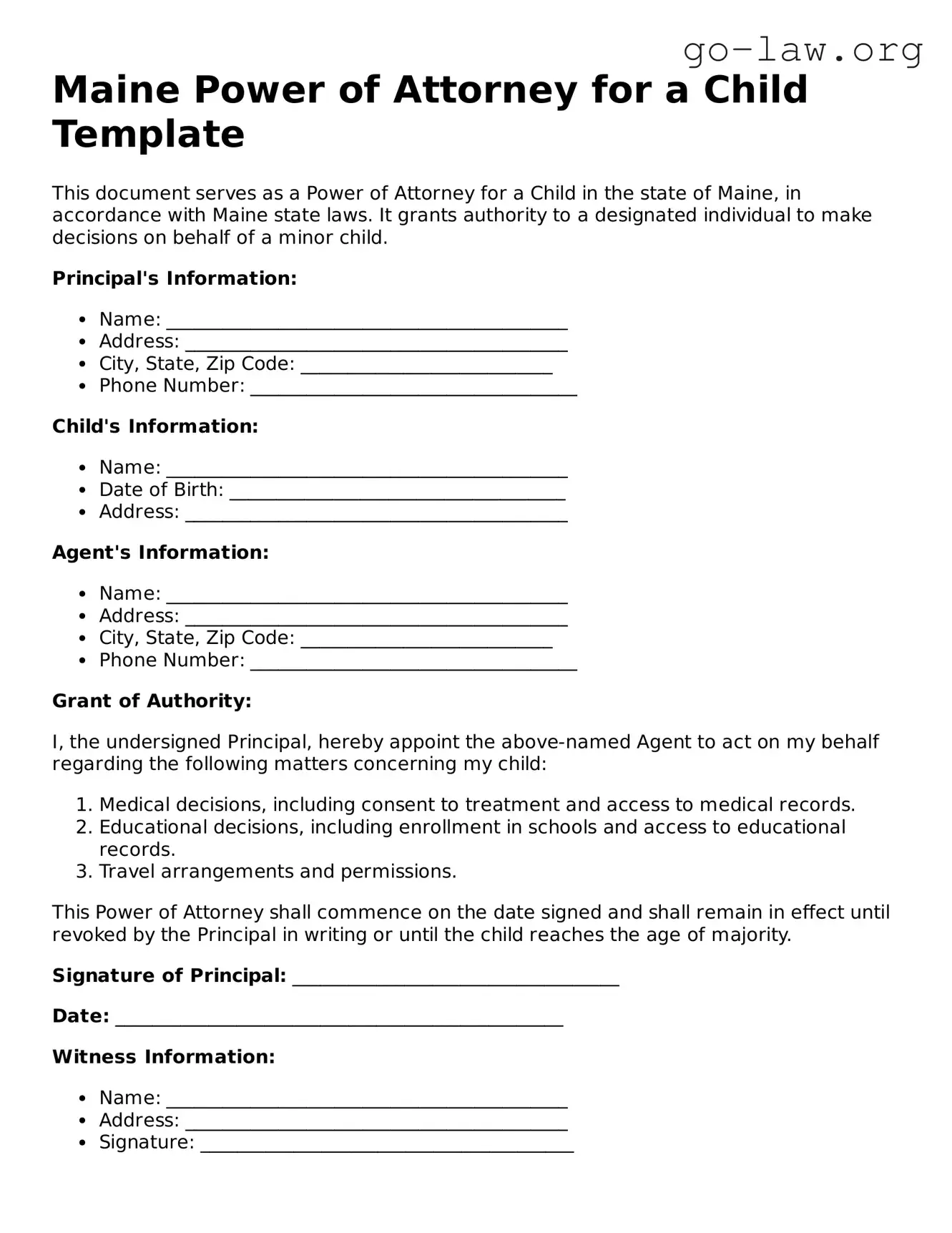 Fillable Maine Power of Attorney for a Child Form