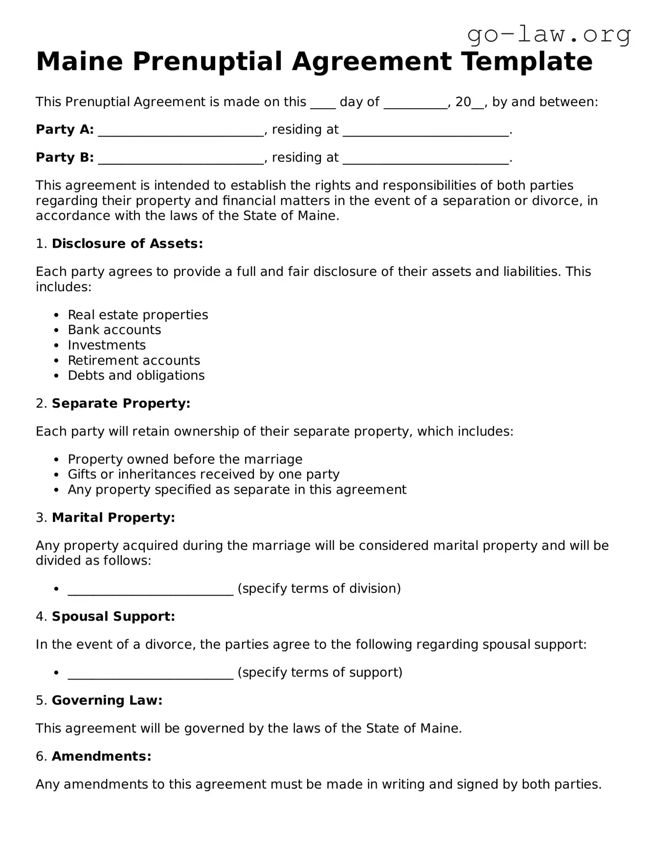 Fillable Maine Prenuptial Agreement Form