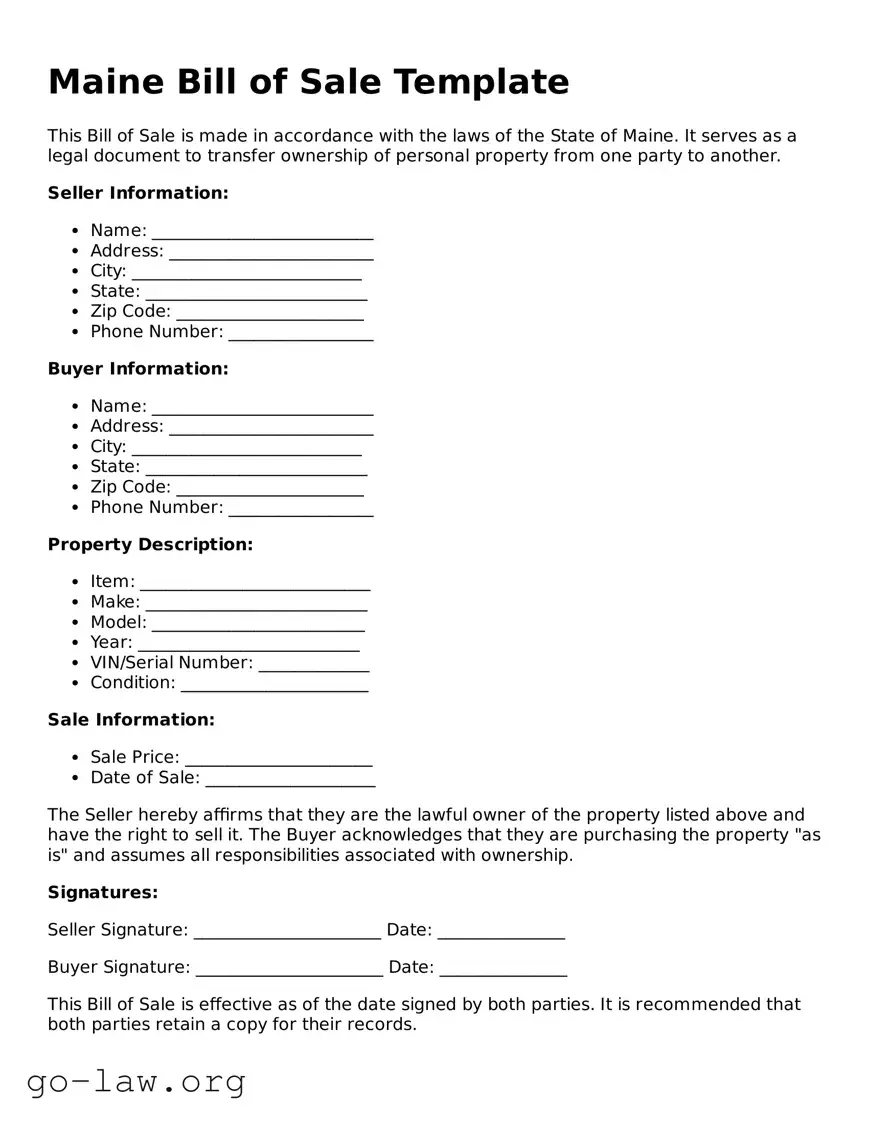 Fillable Maine Bill of Sale Form