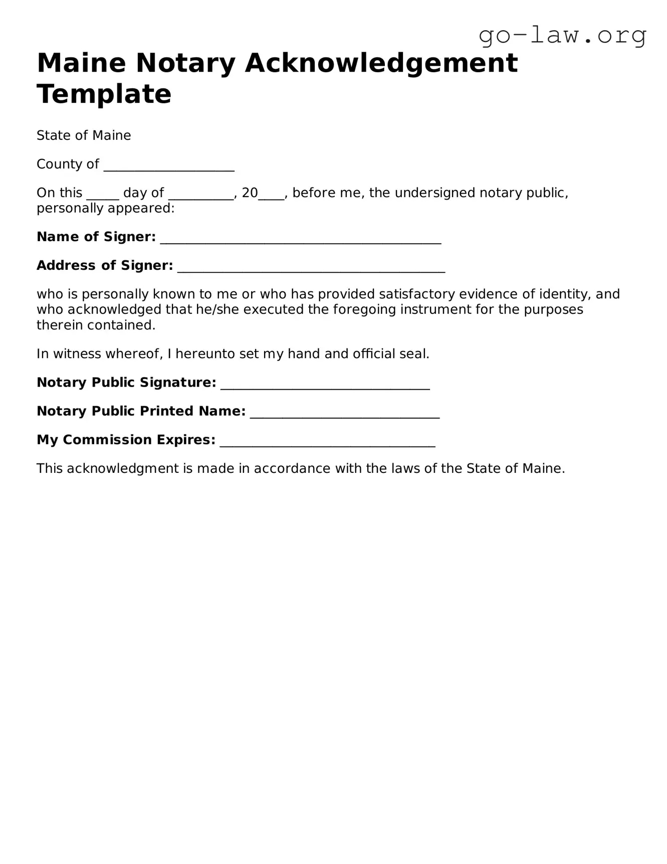 Fillable Maine Notary Acknowledgement Form