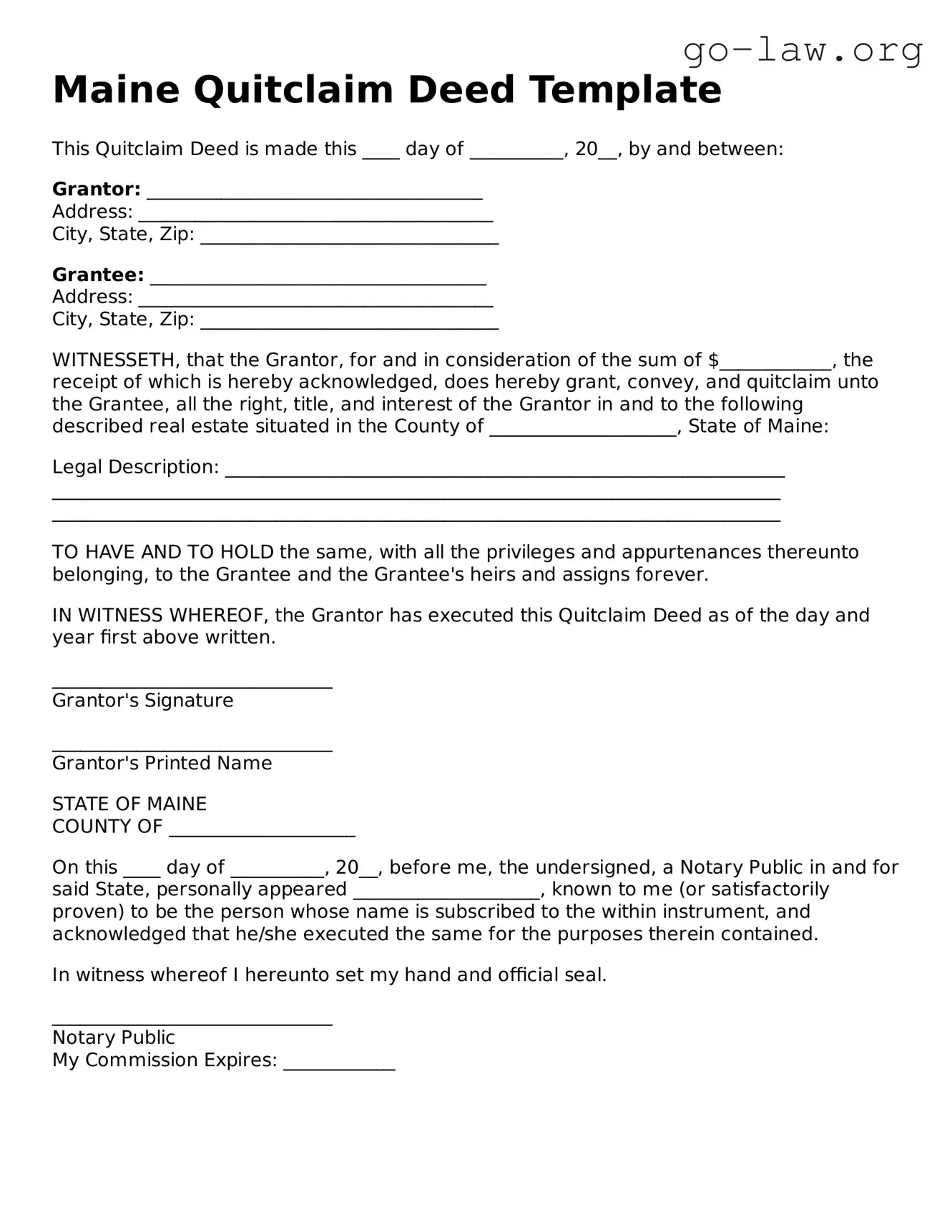 Fillable Maine Quitclaim Deed Form