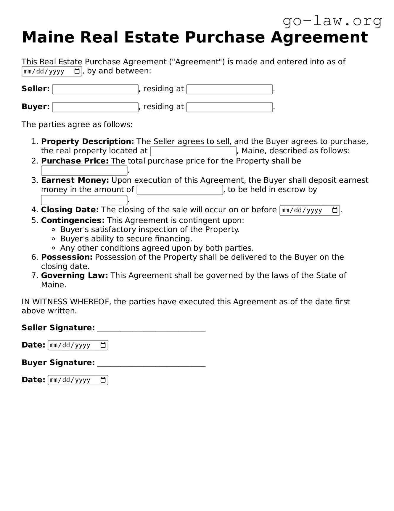 Fillable Maine Real Estate Purchase Agreement Form