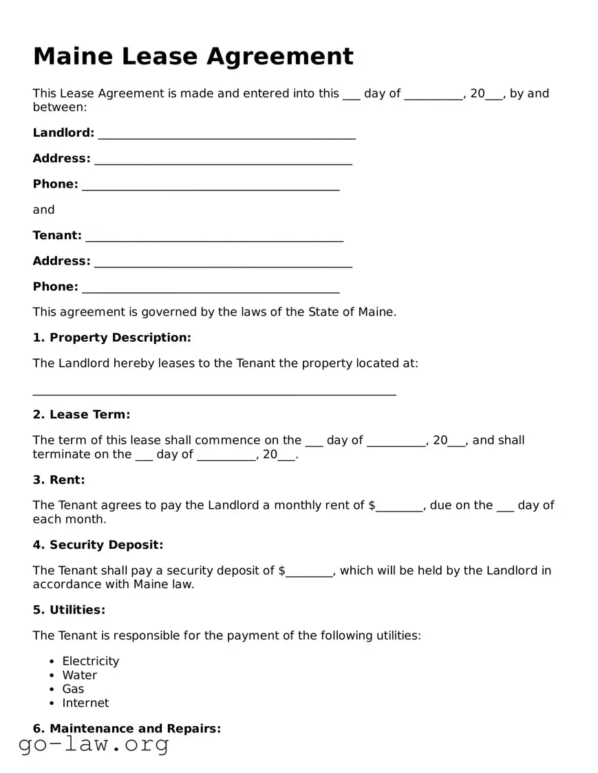 Fillable Maine Lease Agreement Form