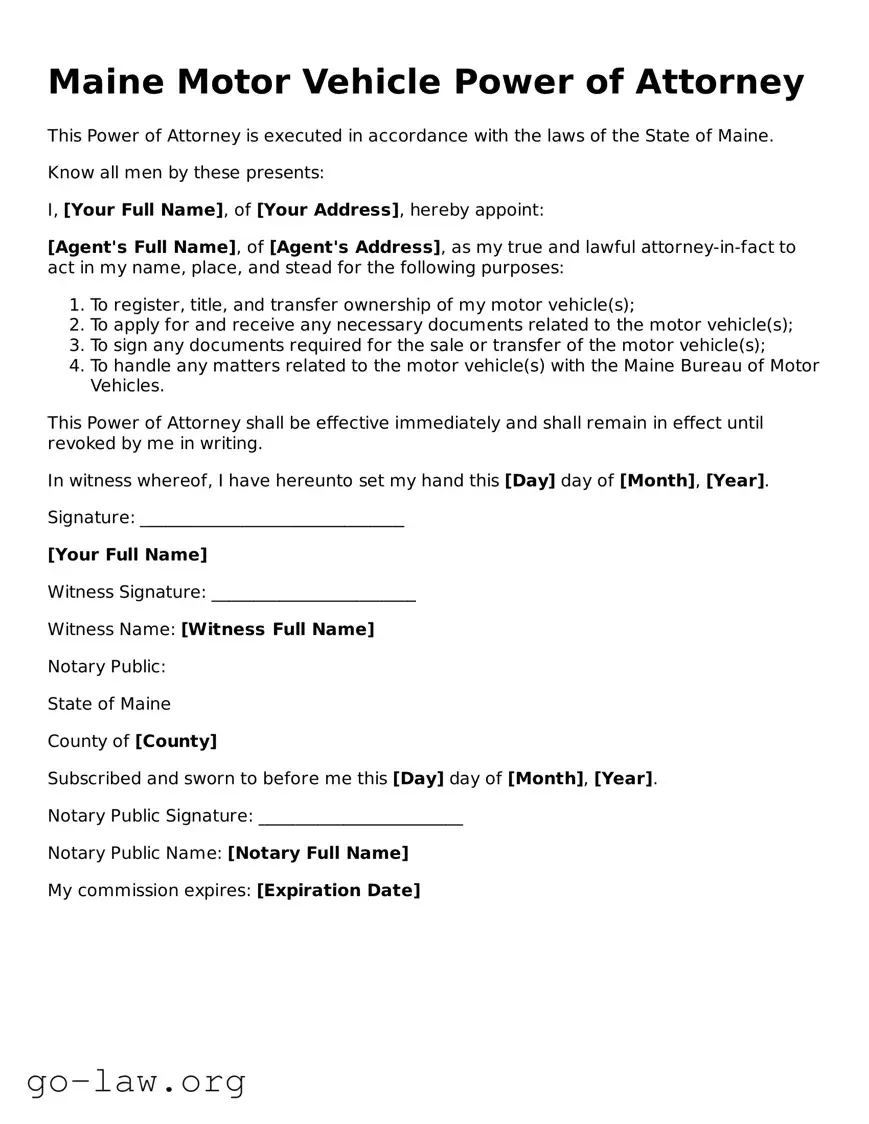 Fillable Maine Motor Vehicle Power of Attorney Form