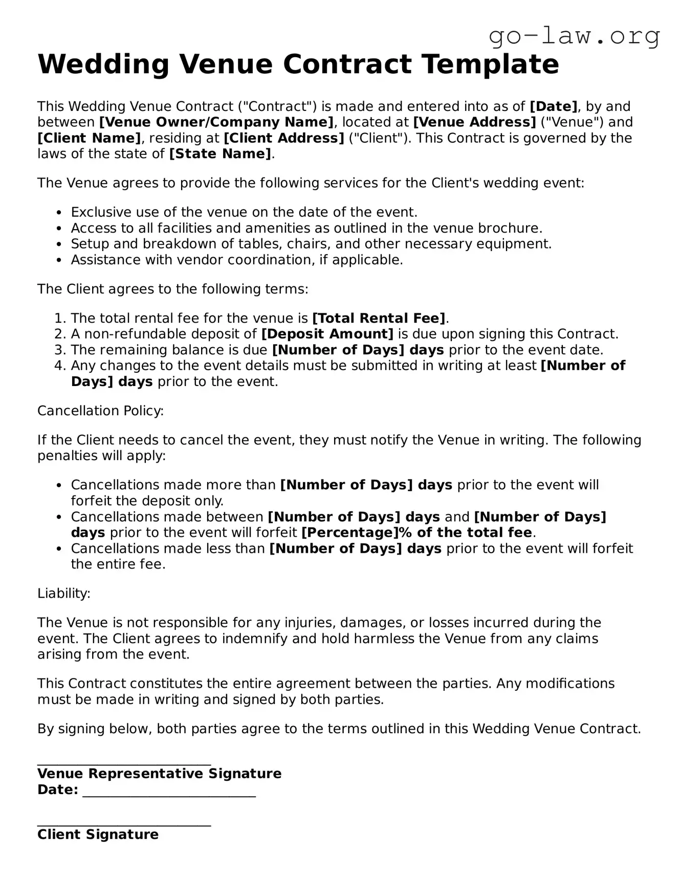 Blank Wedding Venue Contract Template