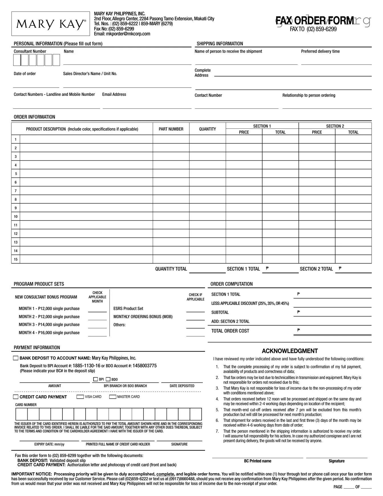 Download Mary Kay Order Form in PDF