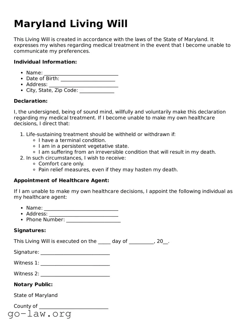 Fillable Maryland Living Will Form