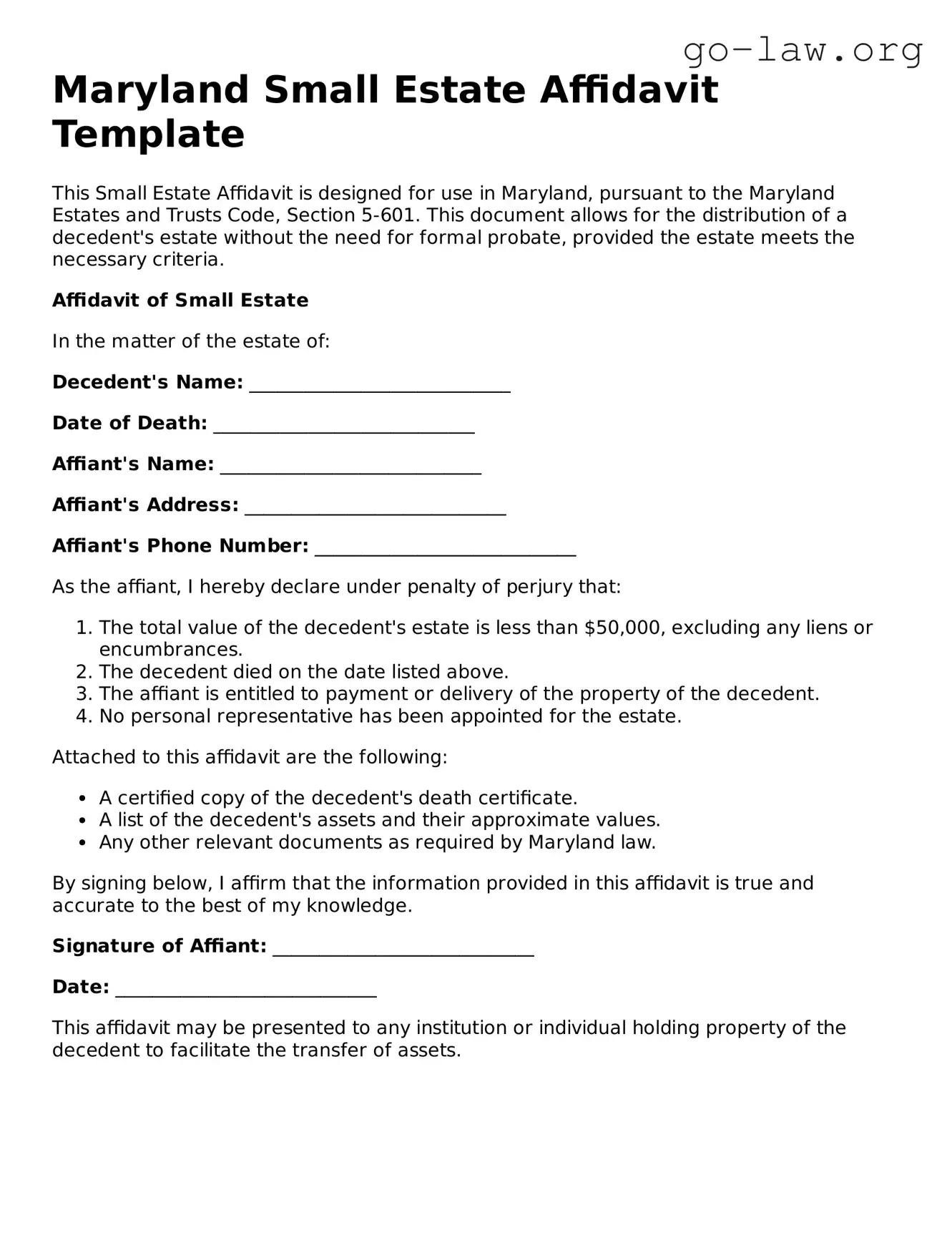 Fillable Maryland Small Estate Affidavit Form