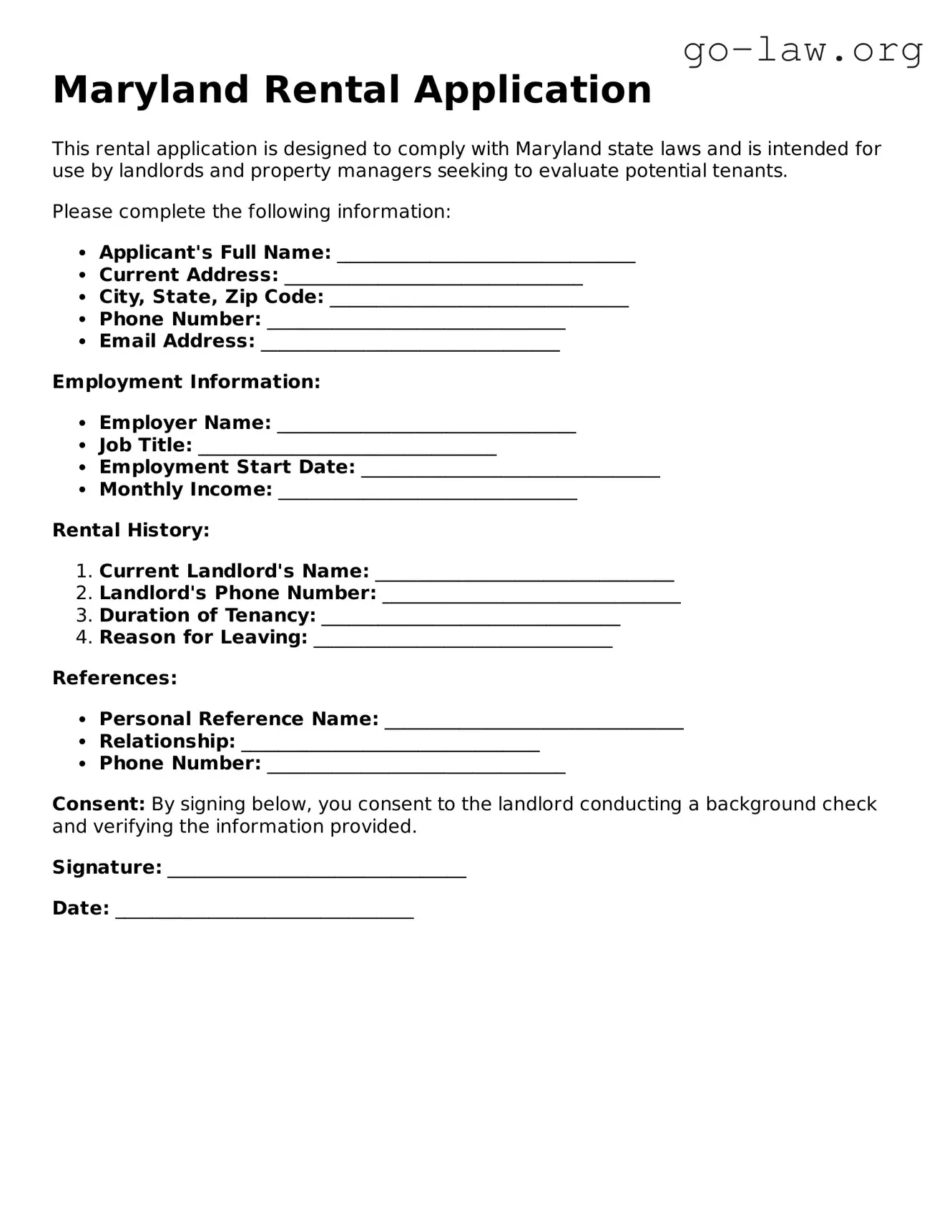 Fillable Maryland Rental Application Form