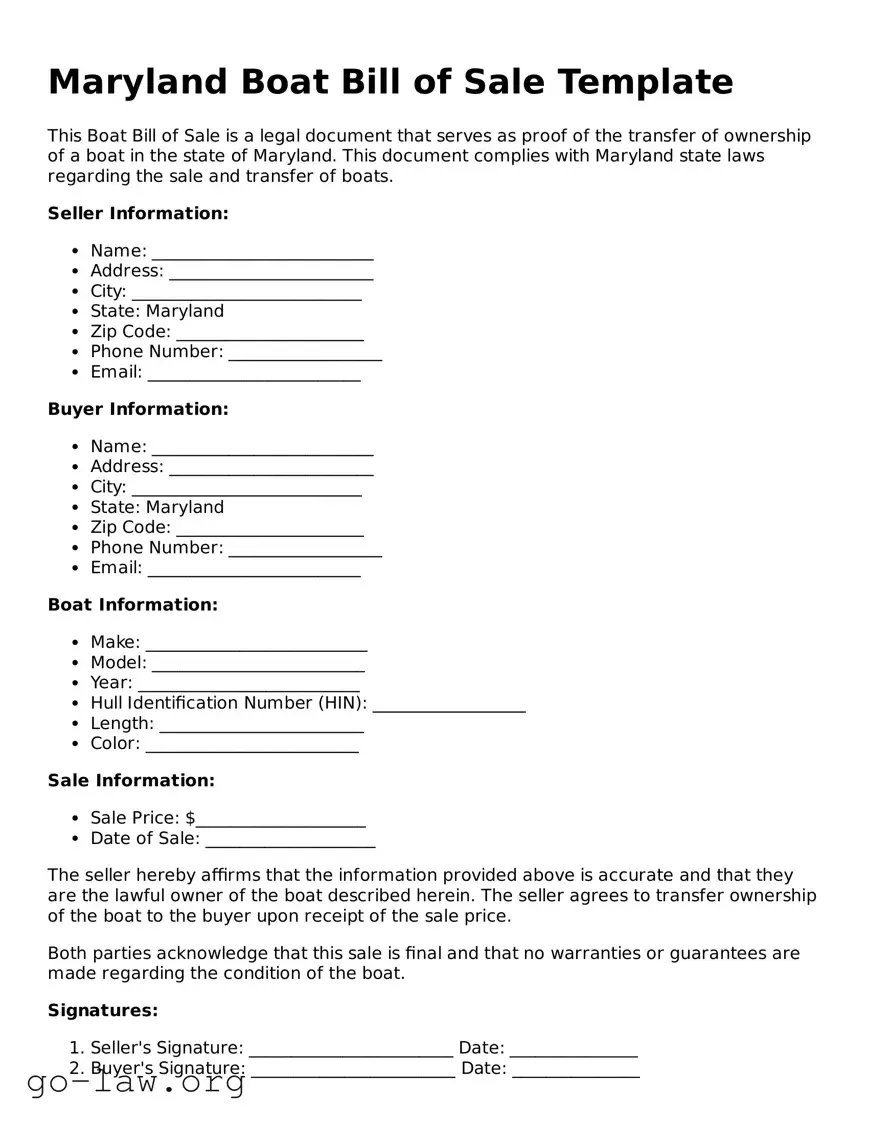 Fillable Maryland Boat Bill of Sale Form