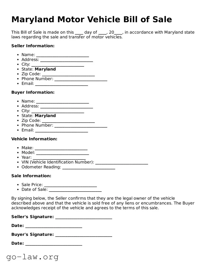 Fillable Maryland Motor Vehicle Bill of Sale Form