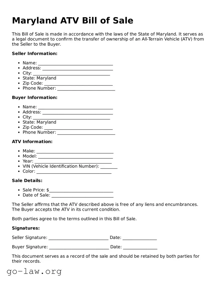 Fillable Maryland ATV Bill of Sale Form