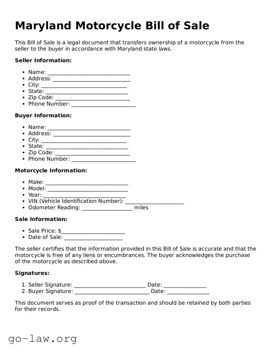 Fillable Maryland Motorcycle Bill of Sale Form