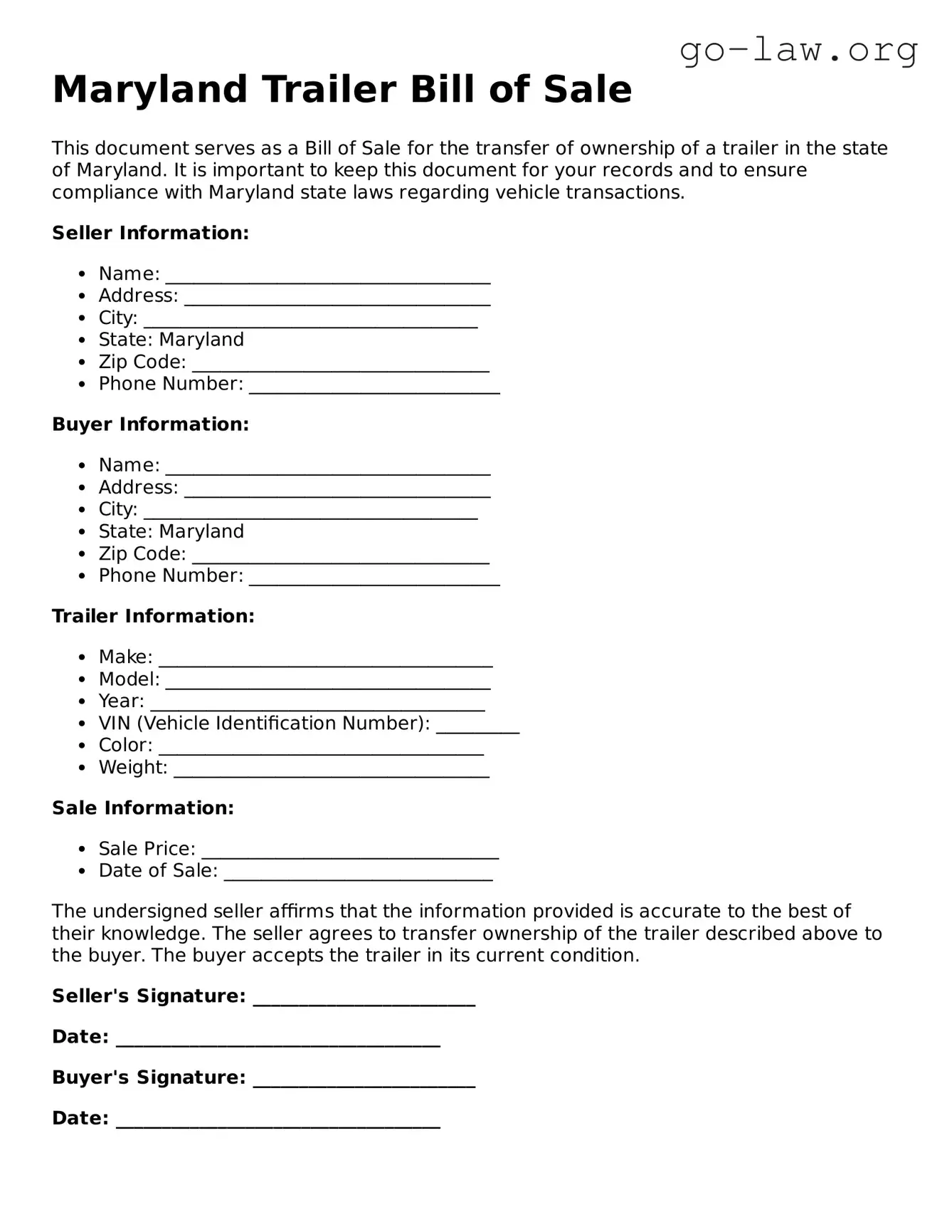 Fillable Maryland Trailer Bill of Sale Form