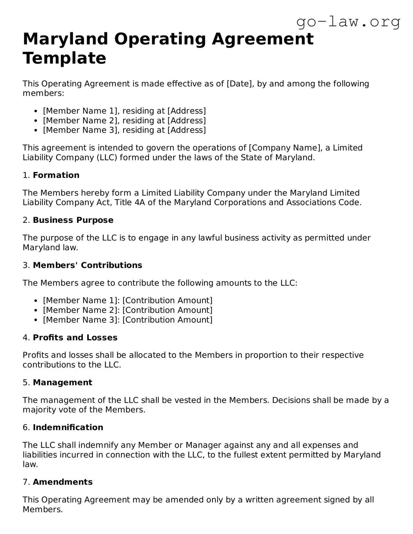 Fillable Maryland Operating Agreement Form