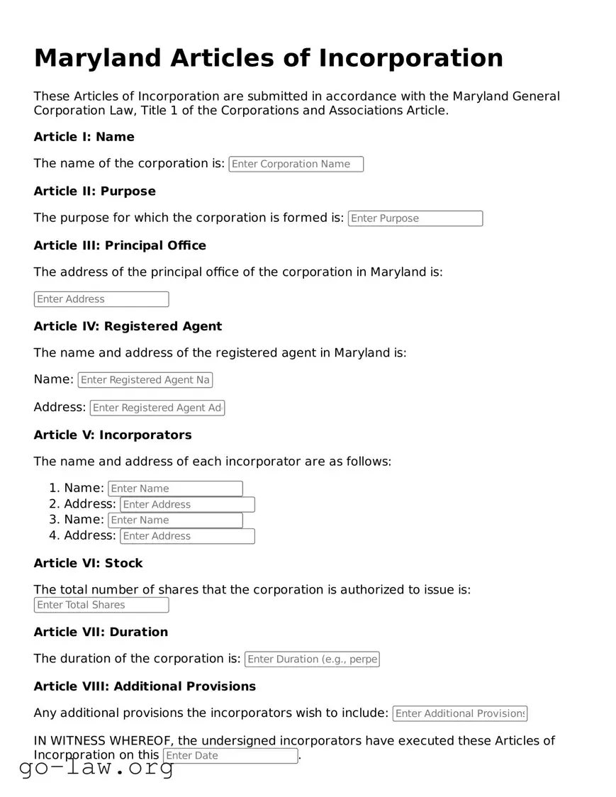 Fillable Maryland Articles of Incorporation Form