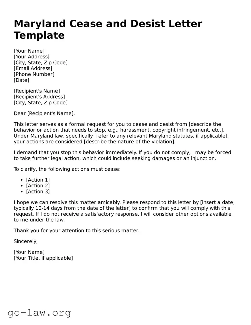 Fillable Maryland Cease and Desist Letter Form