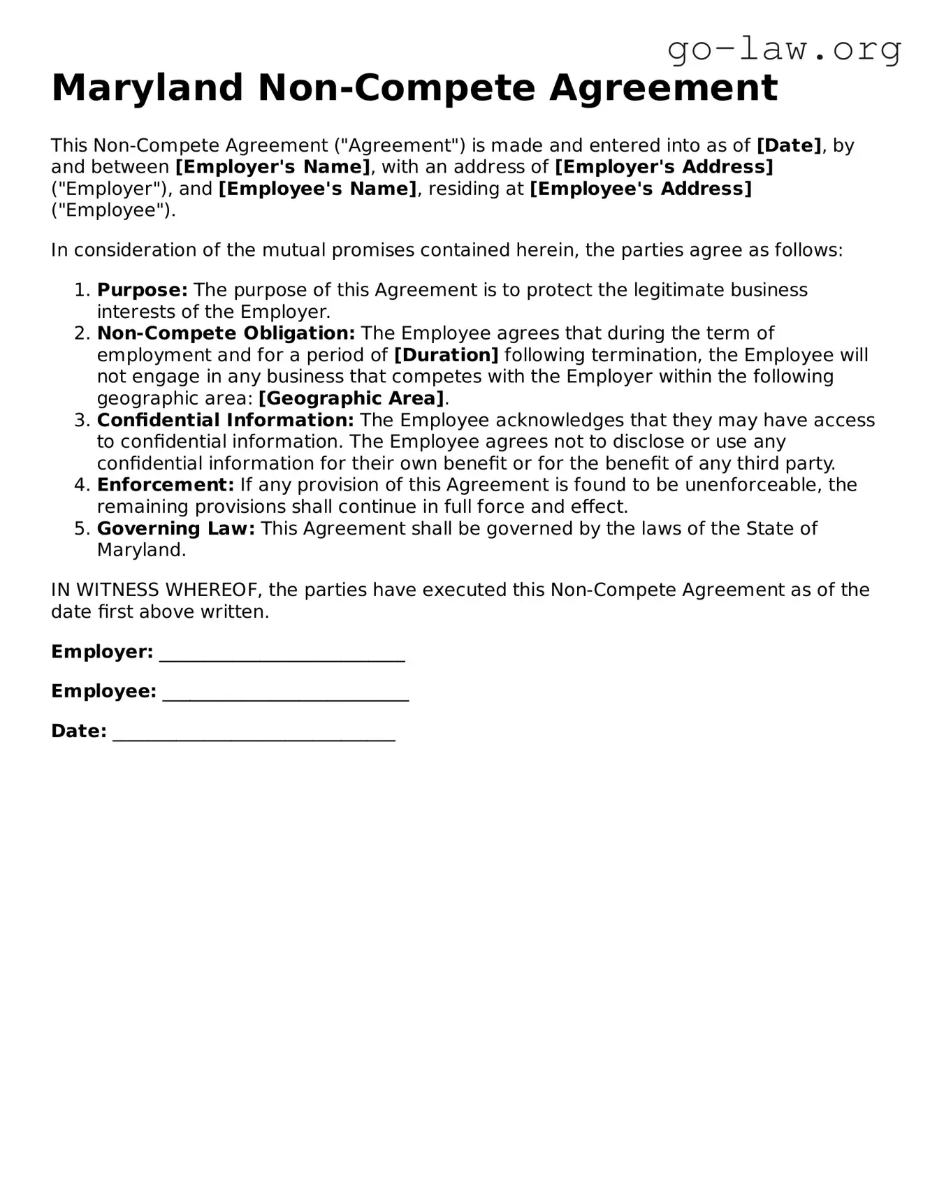 Fillable Maryland Non-compete Agreement Form