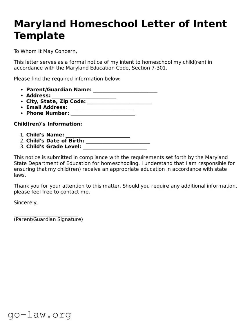 Fillable Maryland Homeschool Letter of Intent Form