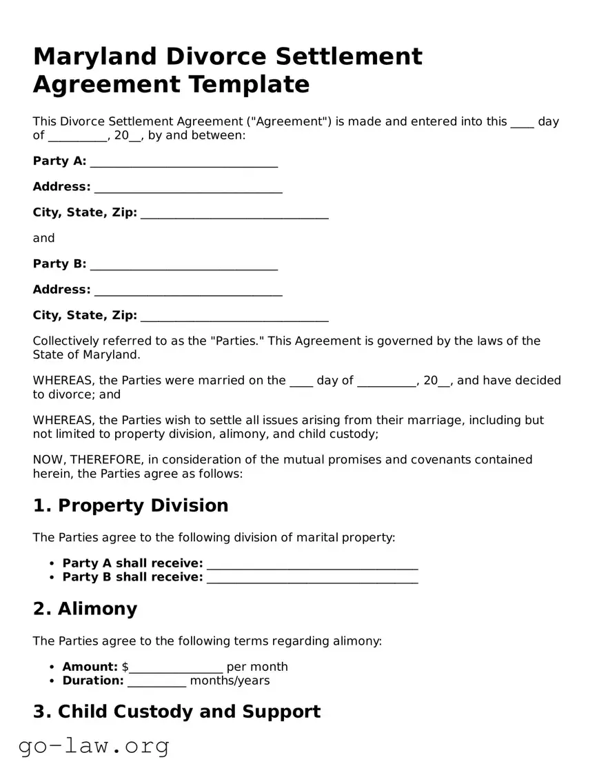 Fillable Maryland Divorce Settlement Agreement Form